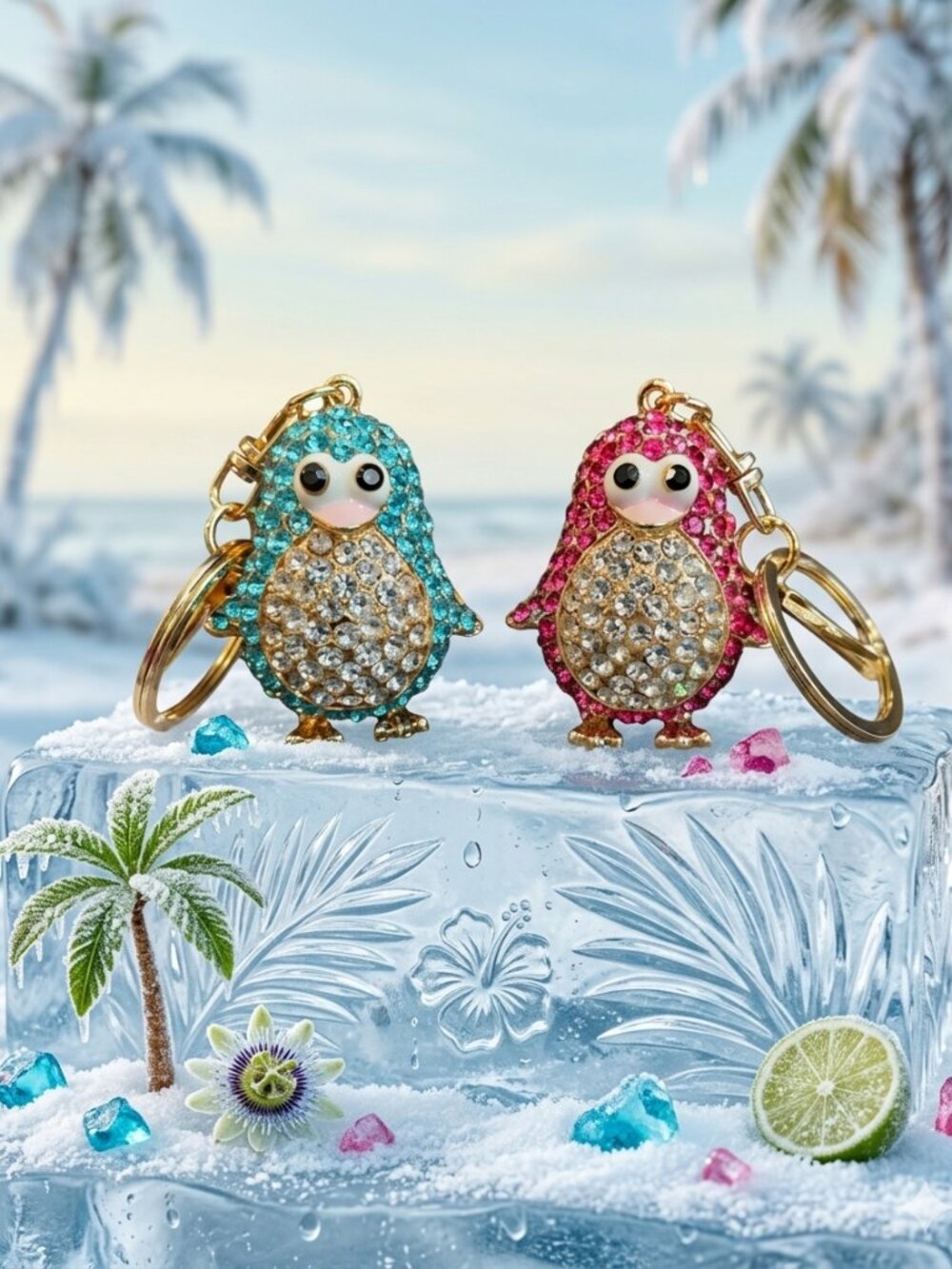 Sparkling Tropical Ice Penguin Keychains / Bag Charms - Pink or Blue